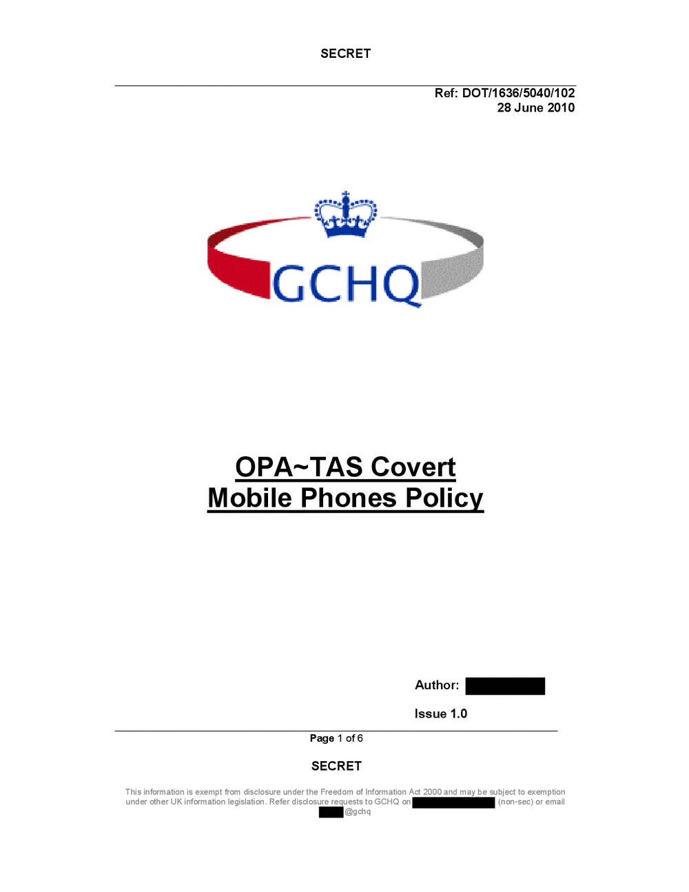 Page 1 from GCHQ Covert Mobile Phones Policy