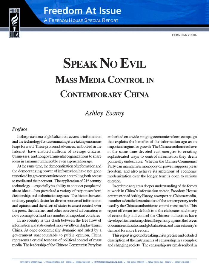 Page 1 of Speak No Evil: Mass Media Control in Contemporary China