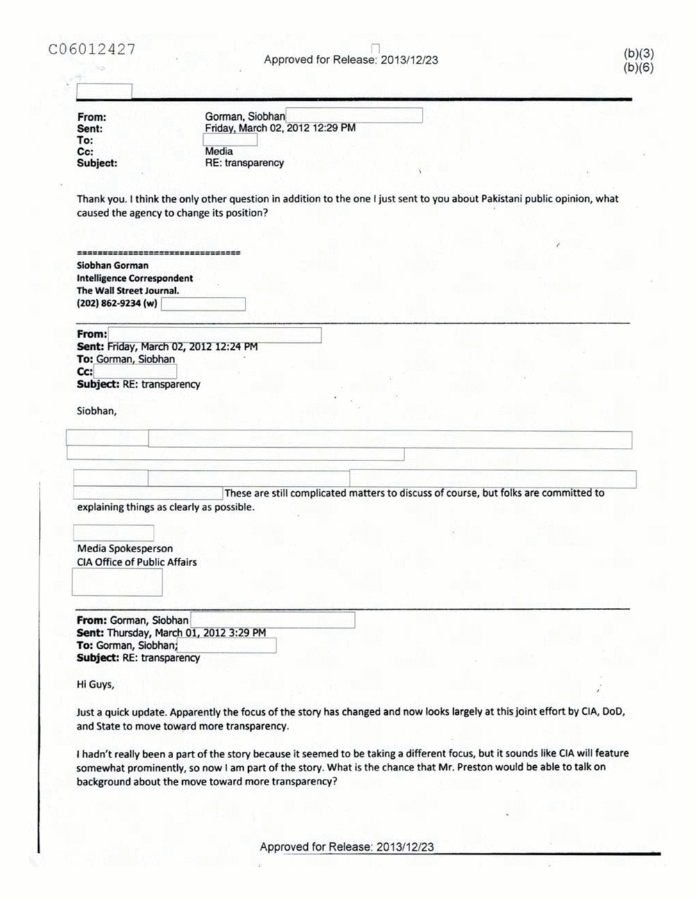 Page 1 from Email Correspondence Between Reporters and CIA Flacks