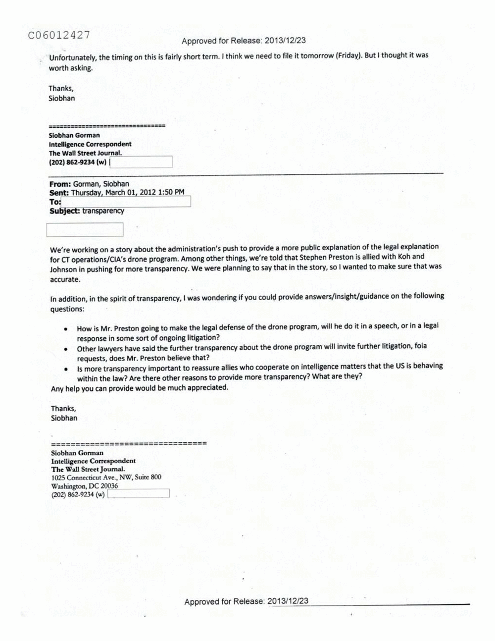 Page 2 from Email Correspondence Between Reporters and CIA Flacks