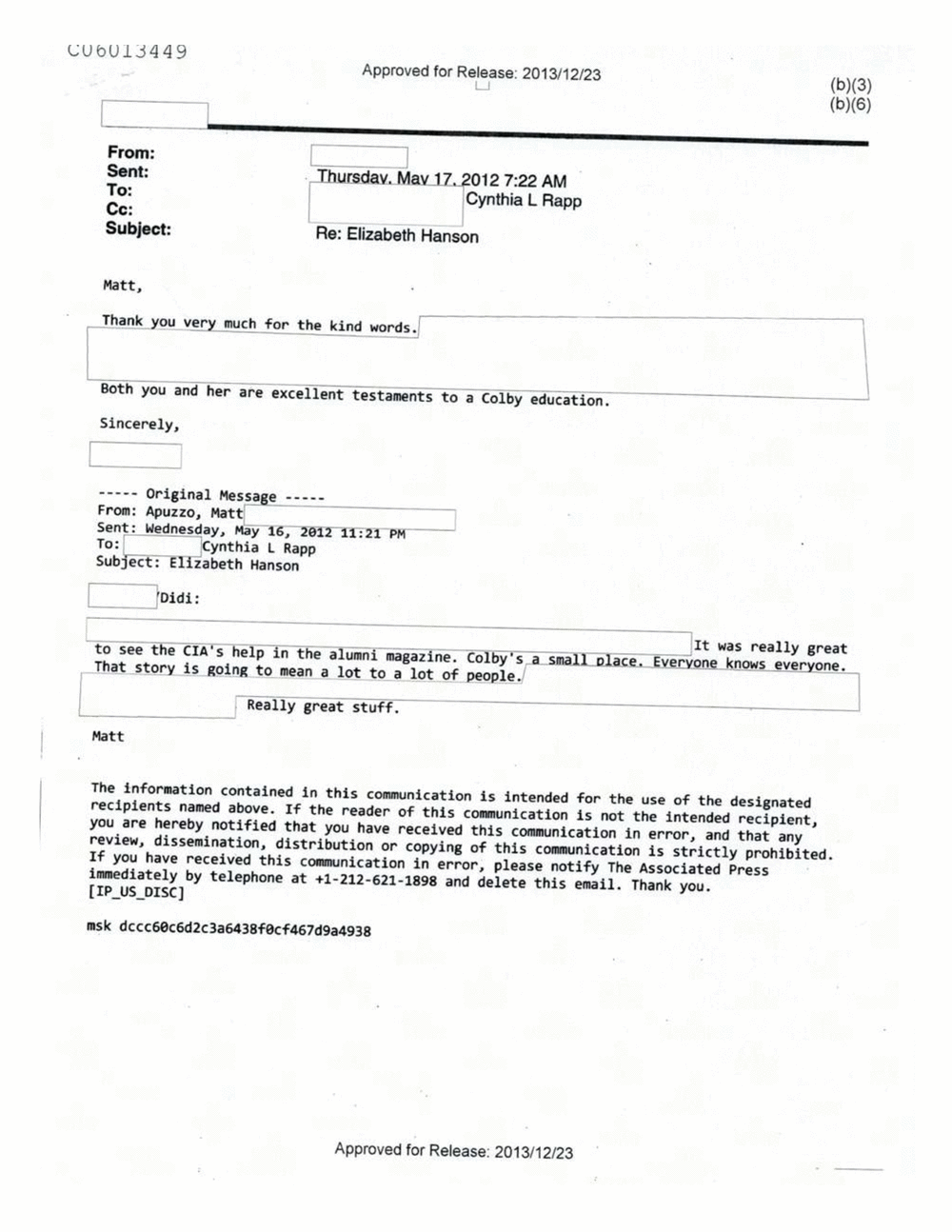 Page 316 from Email Correspondence Between Reporters and CIA Flacks