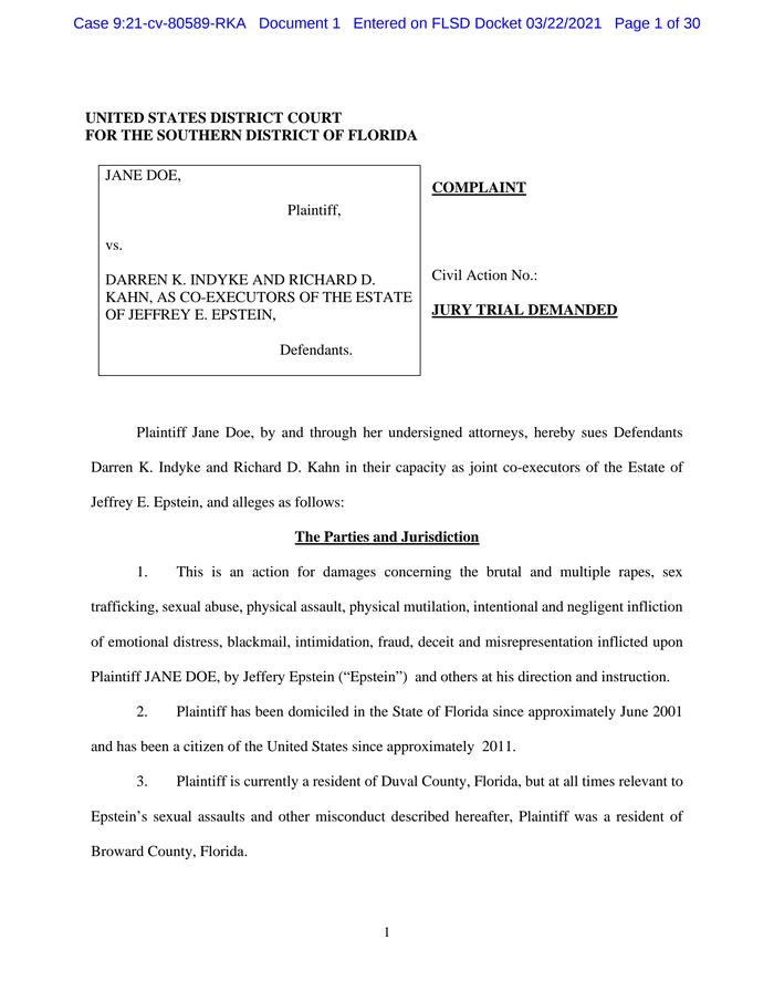 Page 1 of Jane Doe accuser lawsuit against Jeffrey Epstein March 2021