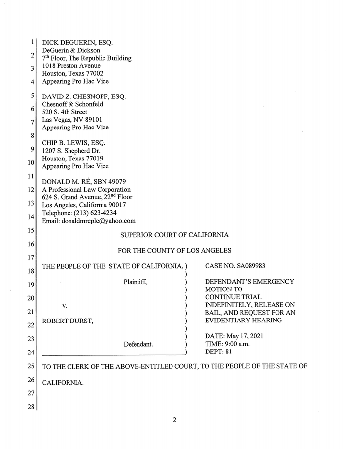 Page 1 of Robert Durst Emergency Motion