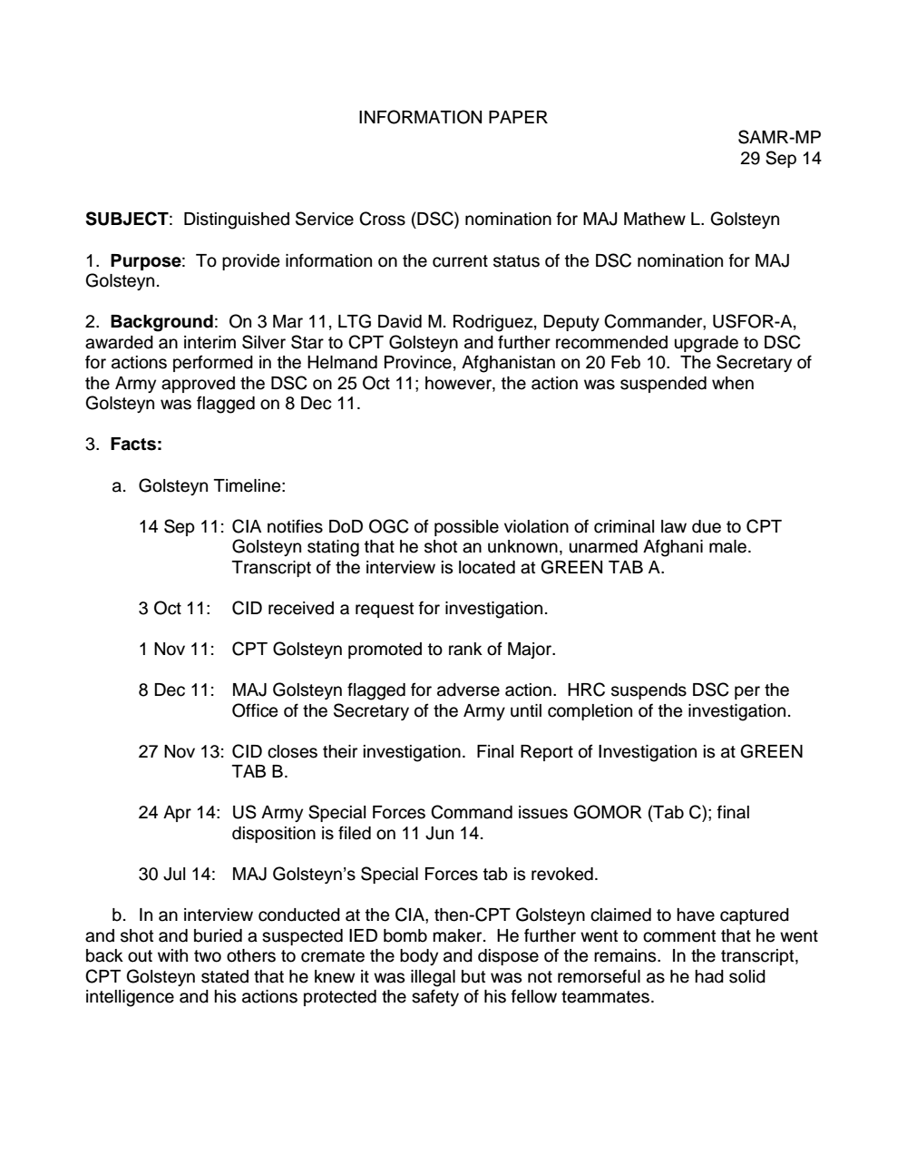 Page 1 from U.S. Army Documents on Major Mathew Golsteyn