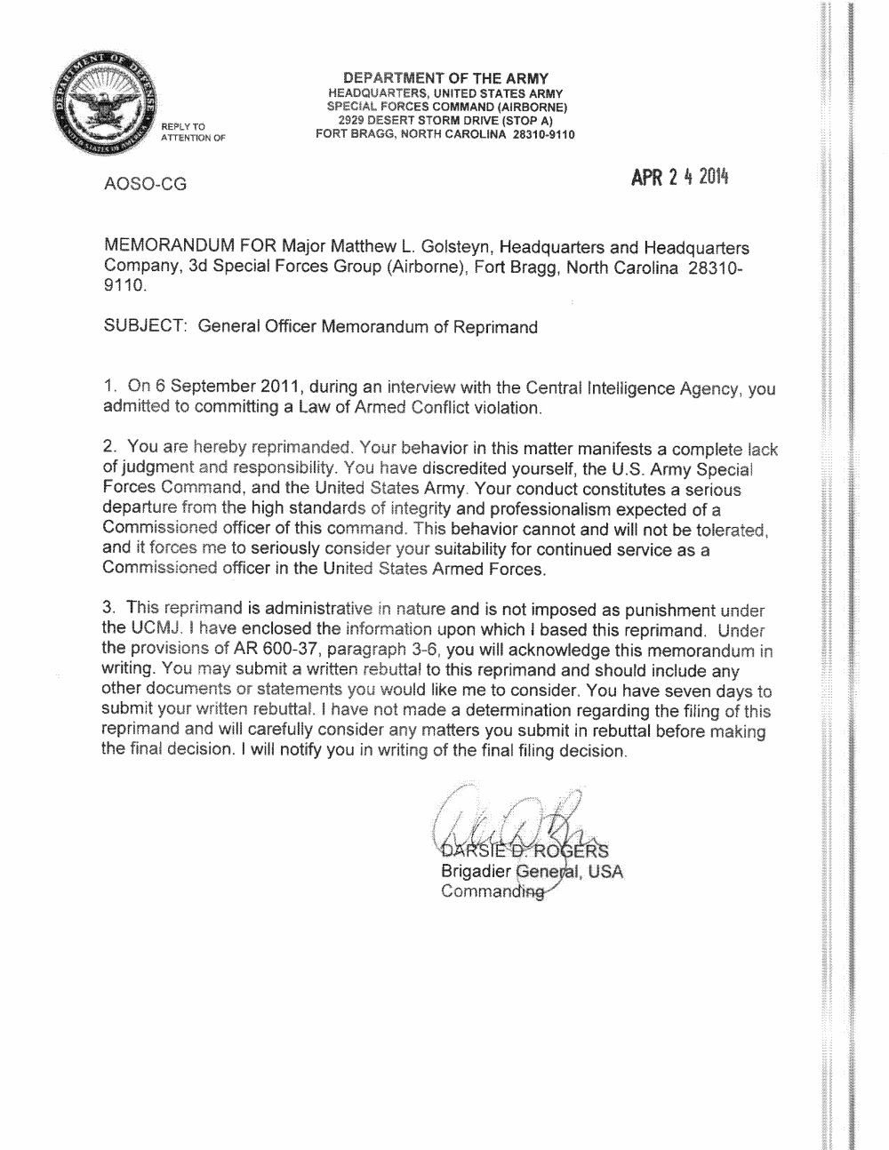 Page 5 from U.S. Army Documents on Major Mathew Golsteyn
