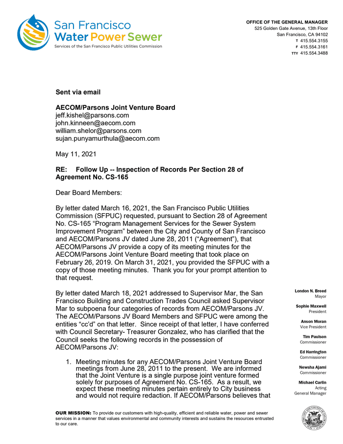 May 11, 2021 PUC Letter To AECOM/Parsons Joint Venture Board ...