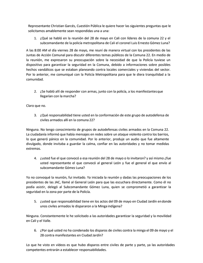 Page 1 of Preguntas y respuestas al Rpte Christian Gárces