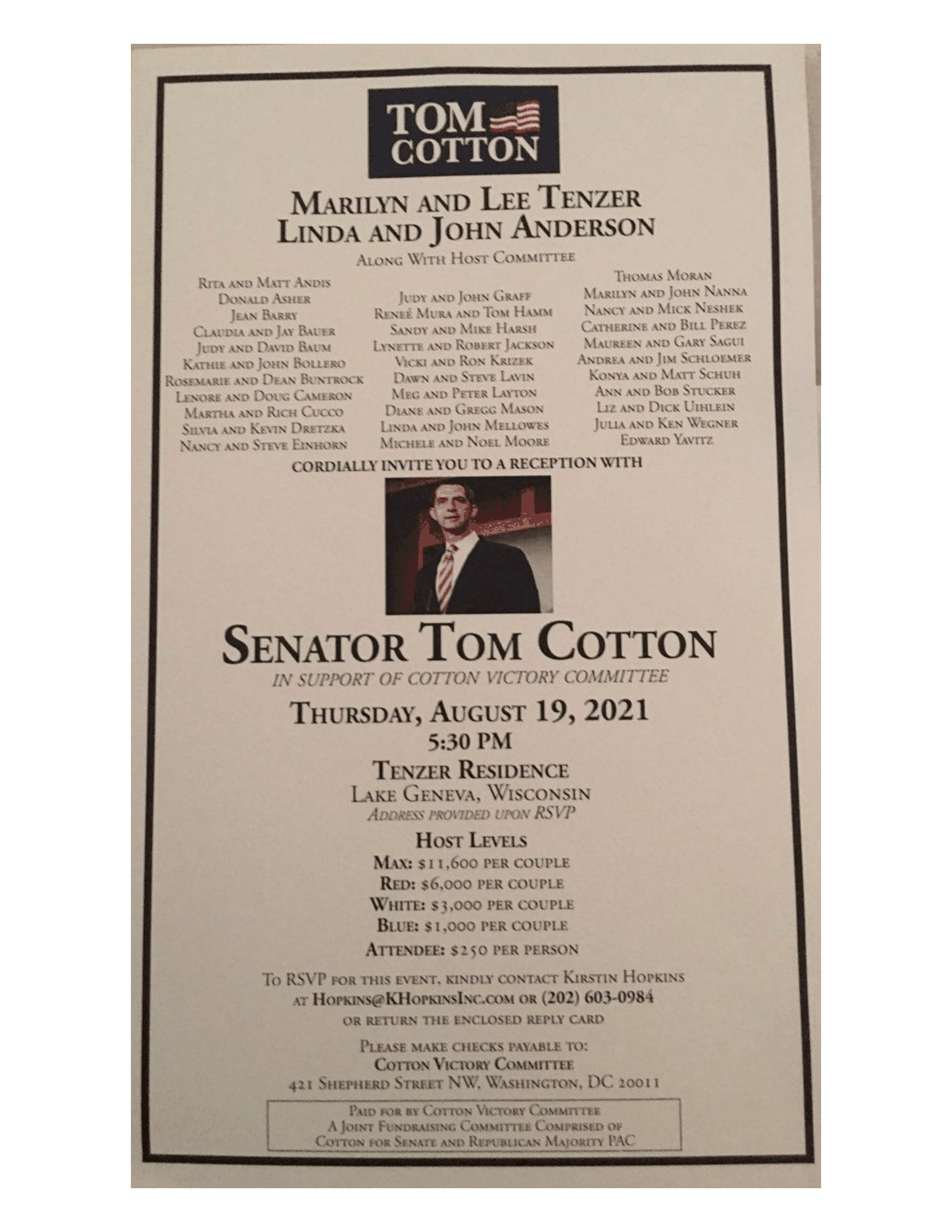 Page 1 of Tom Cotton August 19, 2021 Fundraiser Invitation