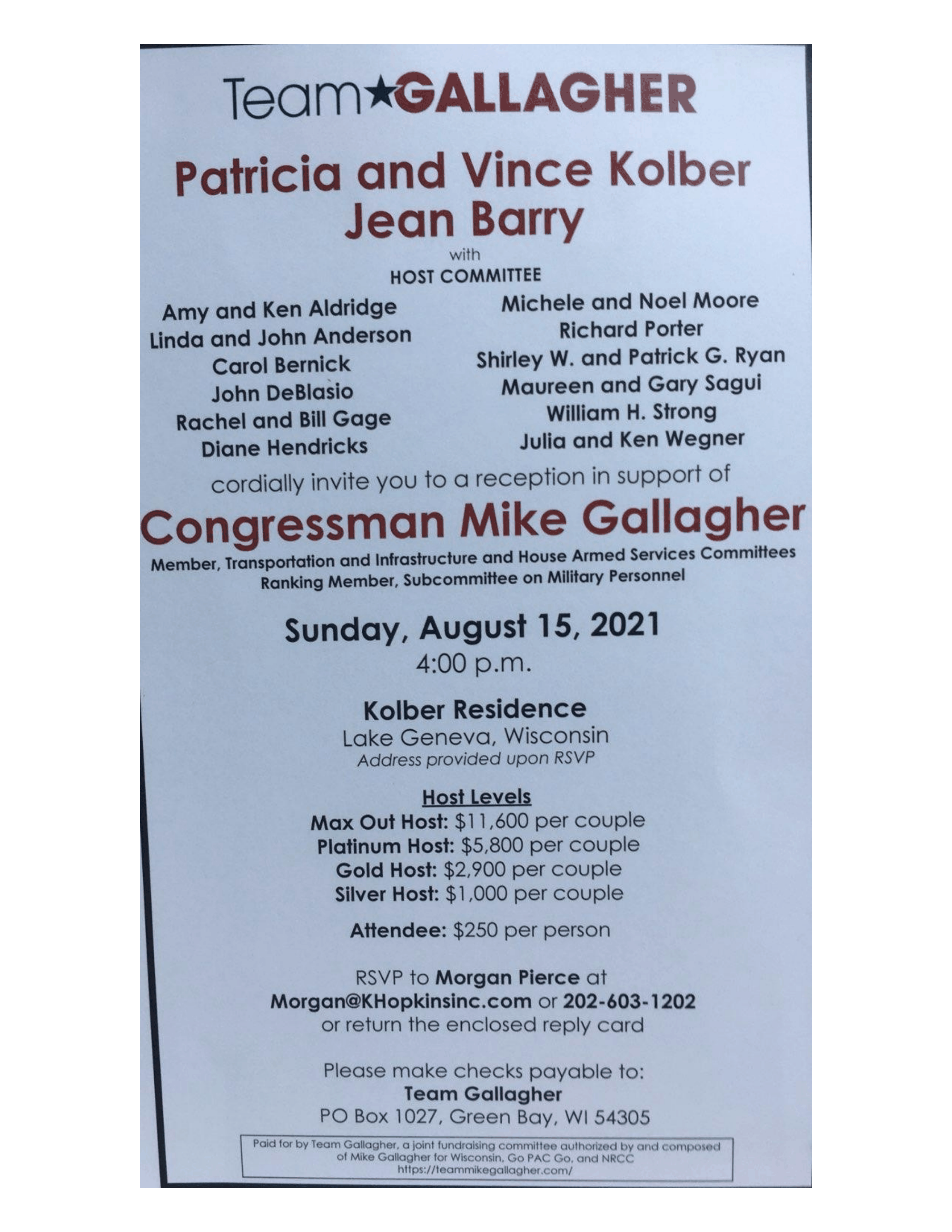 Page 1 of Congressman Mike Gallagher Fundraiser August 15, 2021