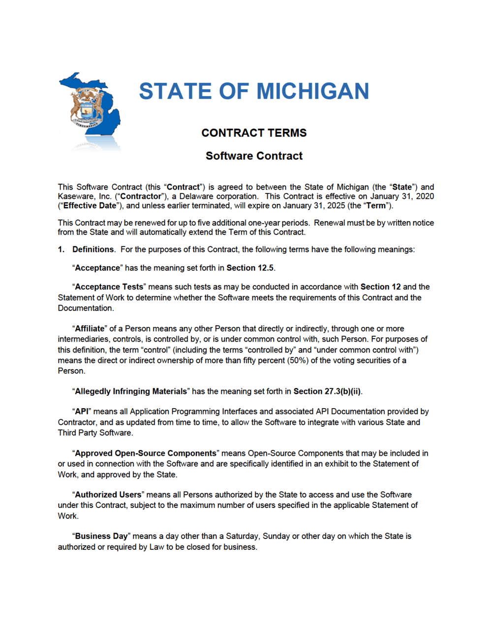 Page 3 from State of Michigan 2020 Kaseware contract