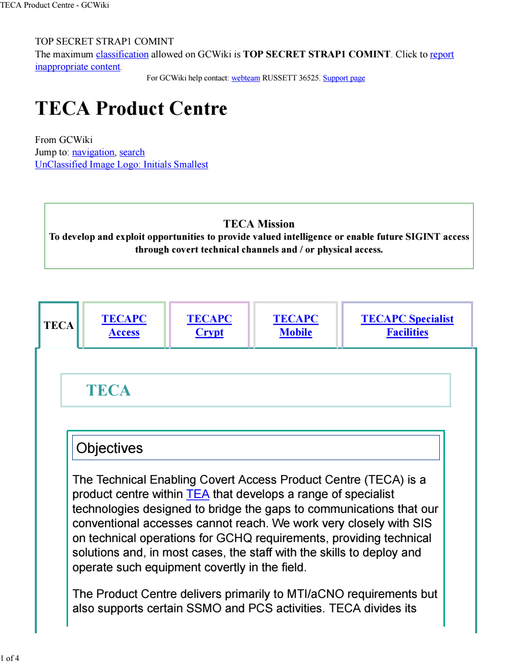 Page 1 from TECA Product Centre – GCHQ Wiki