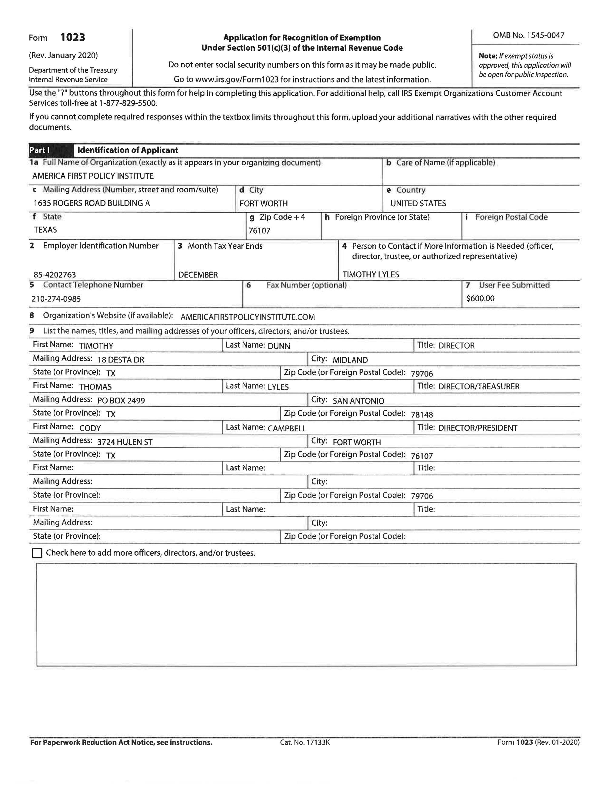 Page 1 of America First Policy Institute 1023 Tax-Exempt Application