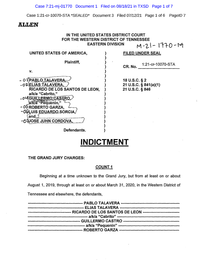 2021 081821 Pablo Talavera Sr Tennessee Indictment (103121 via PACER