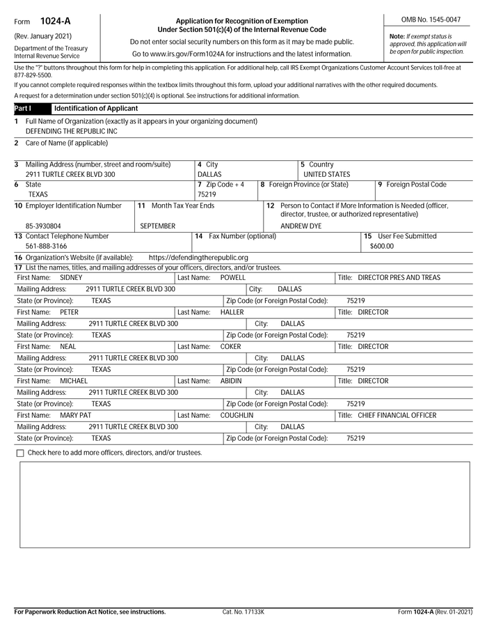 Defending The Republic - 501c4 Application - Documentcloud