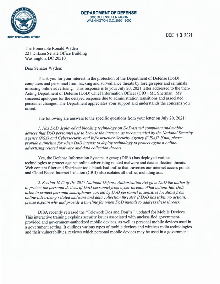 DoD CIO Letter - To Congress - Response to Sen Wyden Letter (1 ...