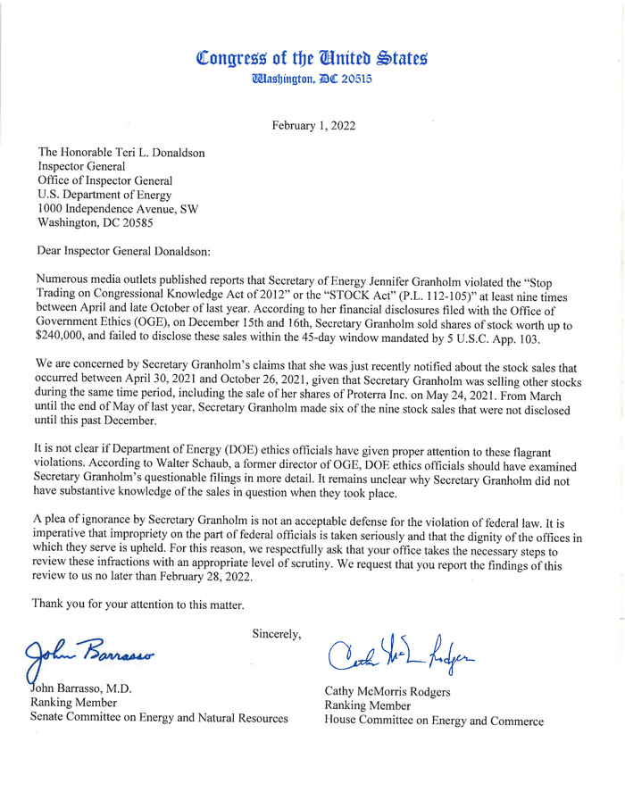 Barrasso and McMorris Rodgers Letter to Inspector General Donaldson ...