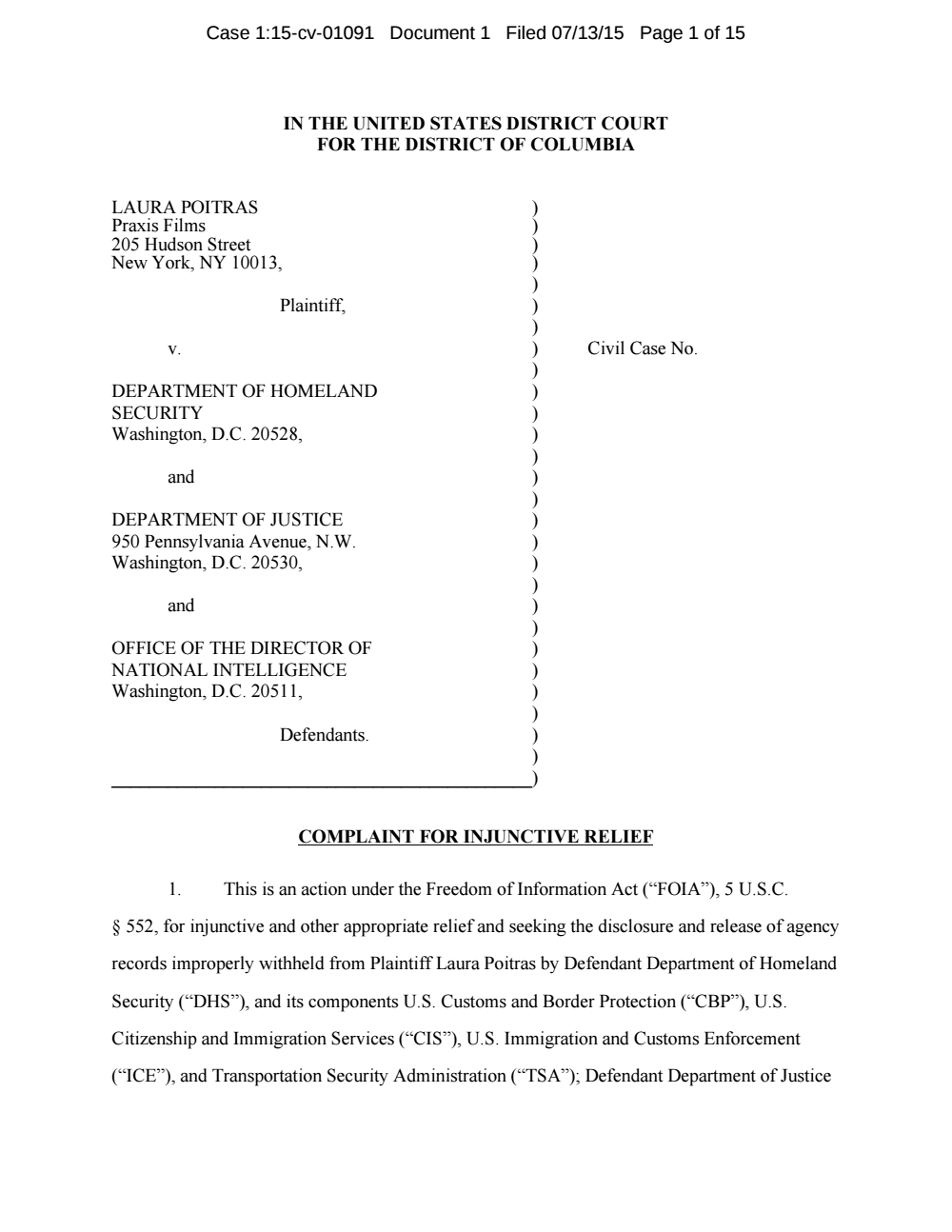 Page 1 from Laura Poitras FOIA Lawsuit