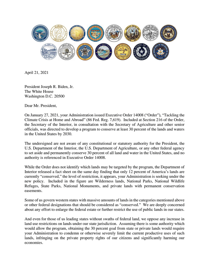 Republican Governors Joint Letter to President Biden on 30x30 Program ...