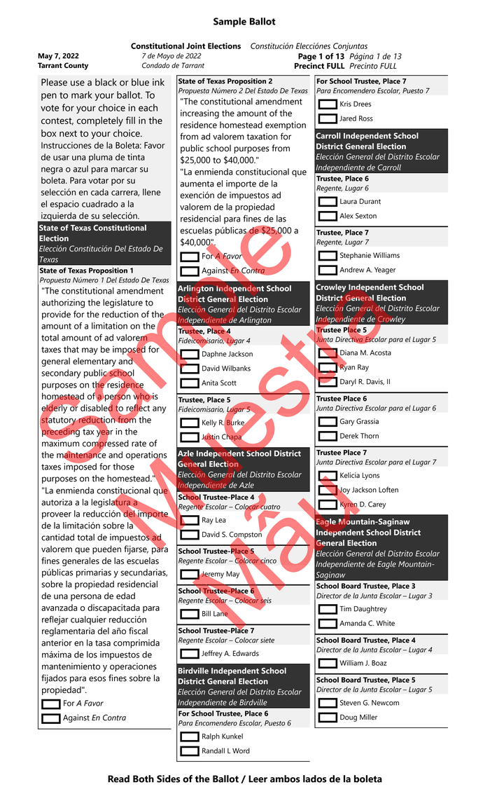 Sample Tarrant County ballot DocumentCloud