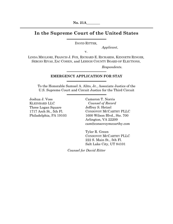 U.S. Supreme Court Emergency Application for Stay in Ritter v. Migliori