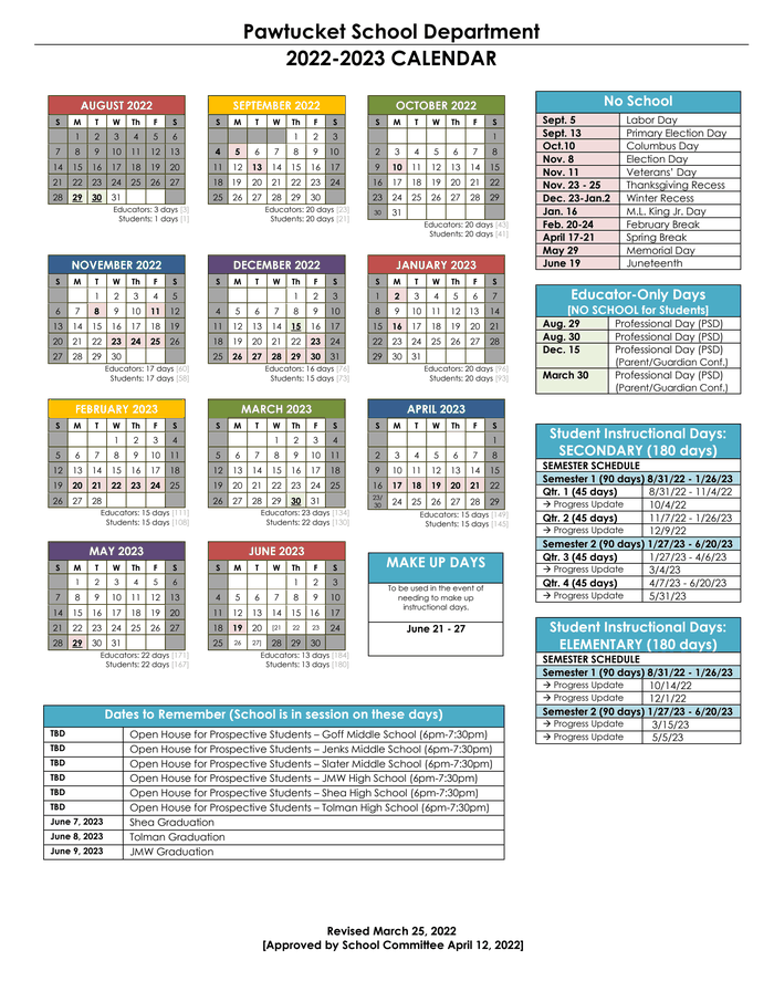 Pawtucket 2022-2023 School Calendar Approved 4 12 22 - Documentcloud