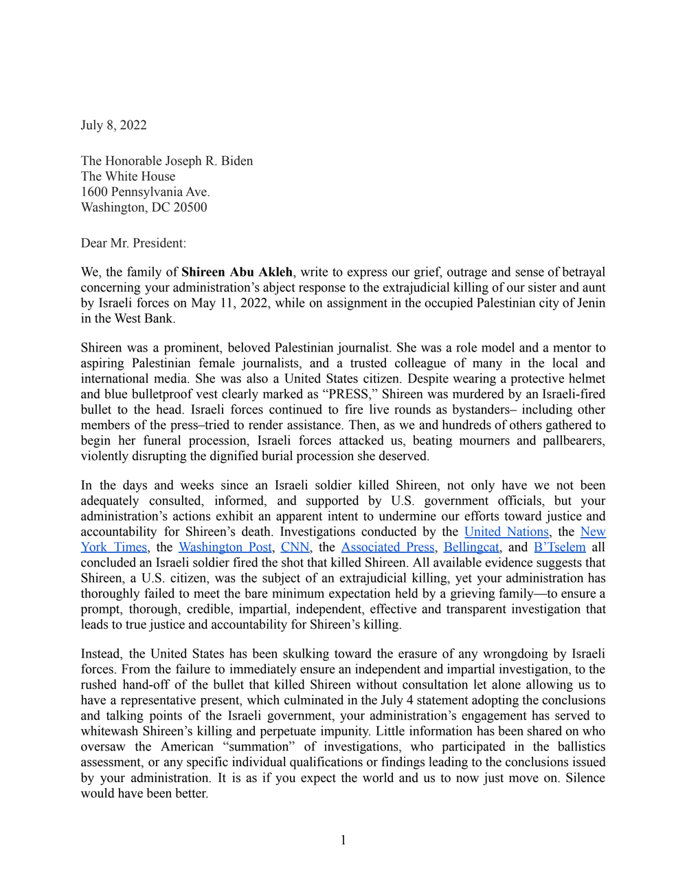 Page 1 from Abu Akleh Family Letter to President Joe Biden