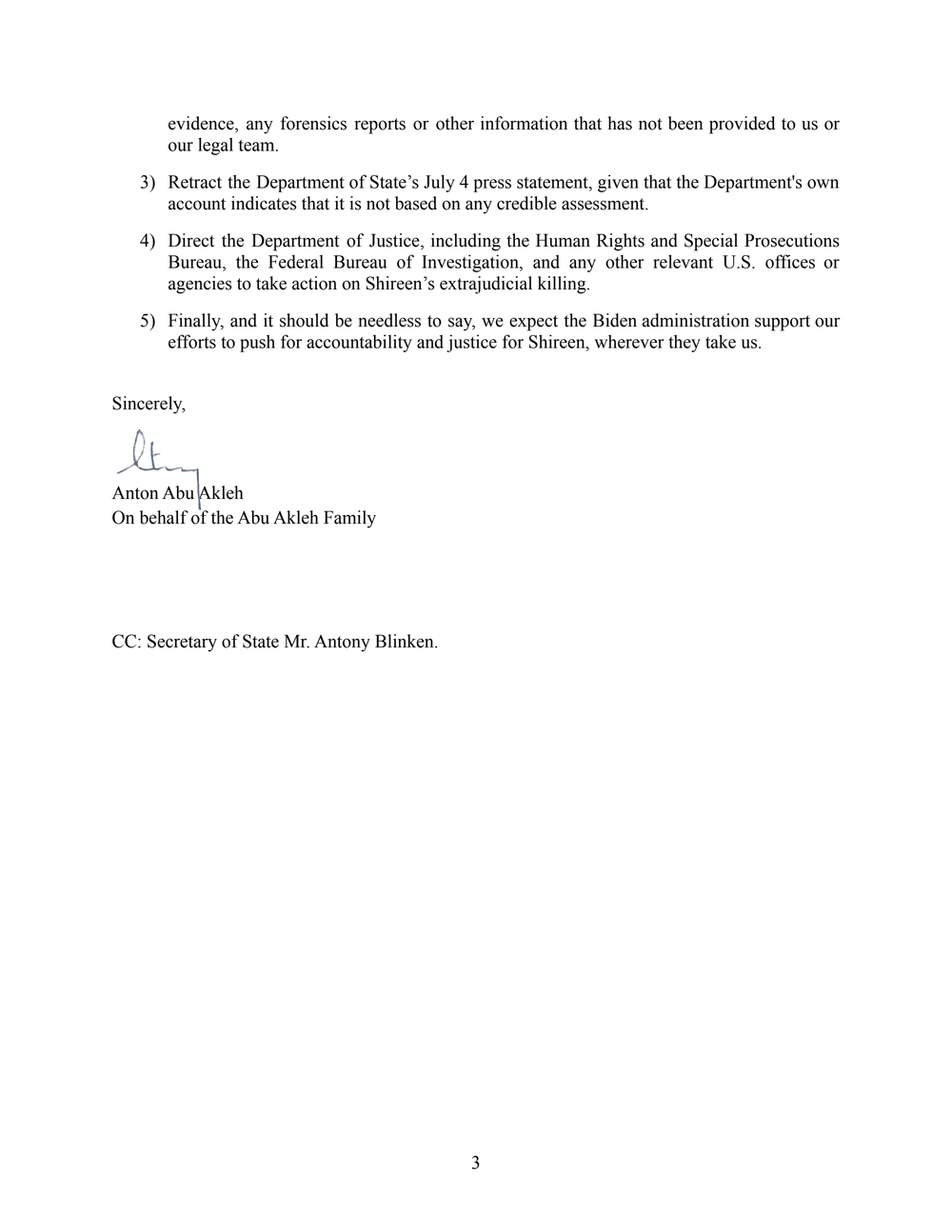 Page 3 from Abu Akleh Family Letter to President Joe Biden