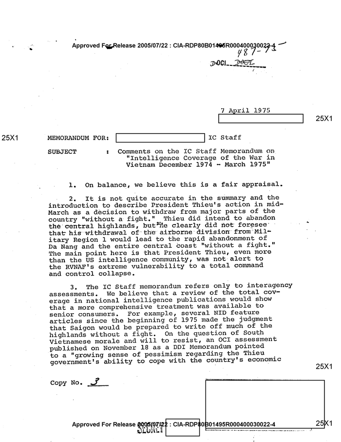 COMMENTS ON THE IC STAFF MEMORANDUM ON 'INTELLIGENCE COVERAGE OF THE ...