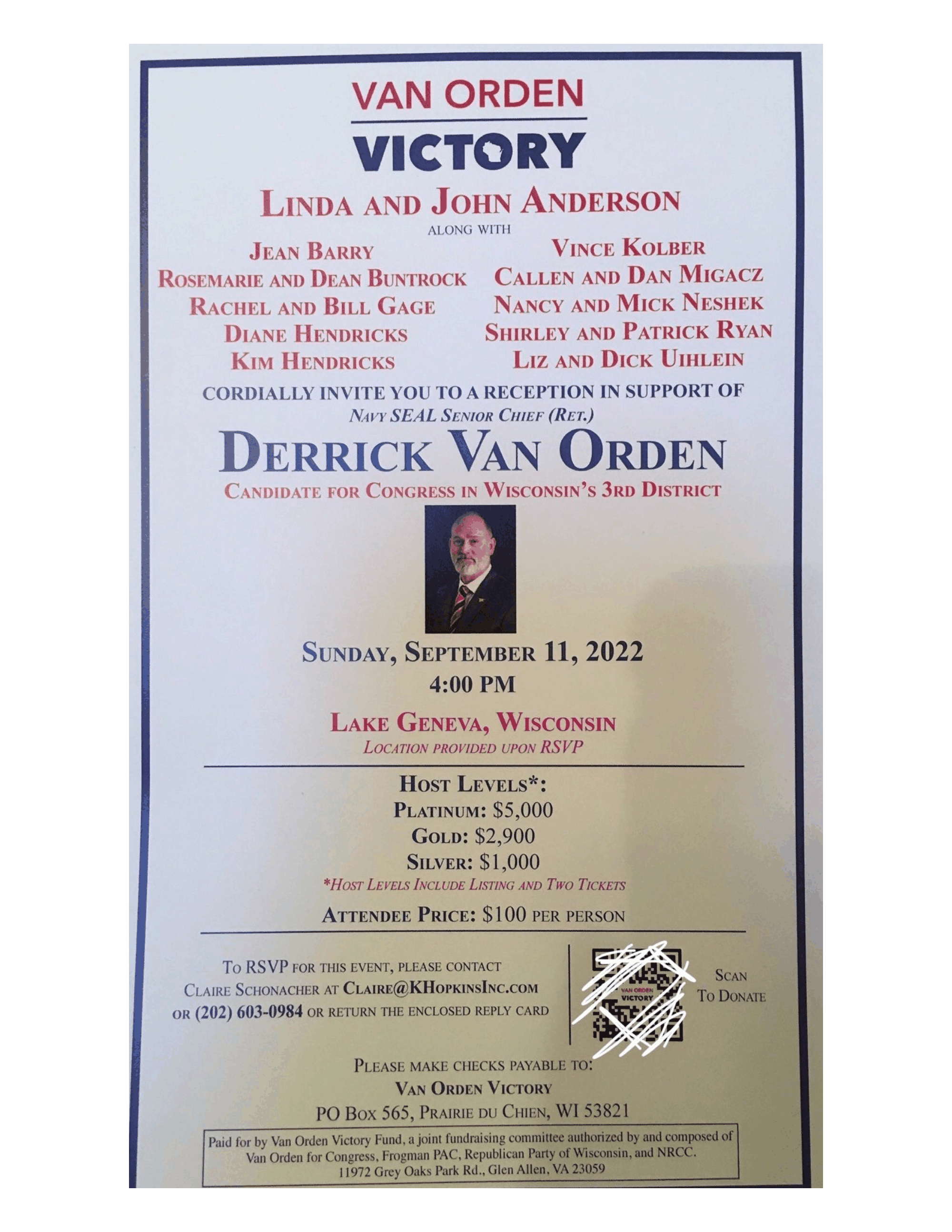 Page 1 of Fundraiser Invite for GOP Congressional Candidate in Wisconsin's 3rd District Derrick Van Orden, September 11, 2022