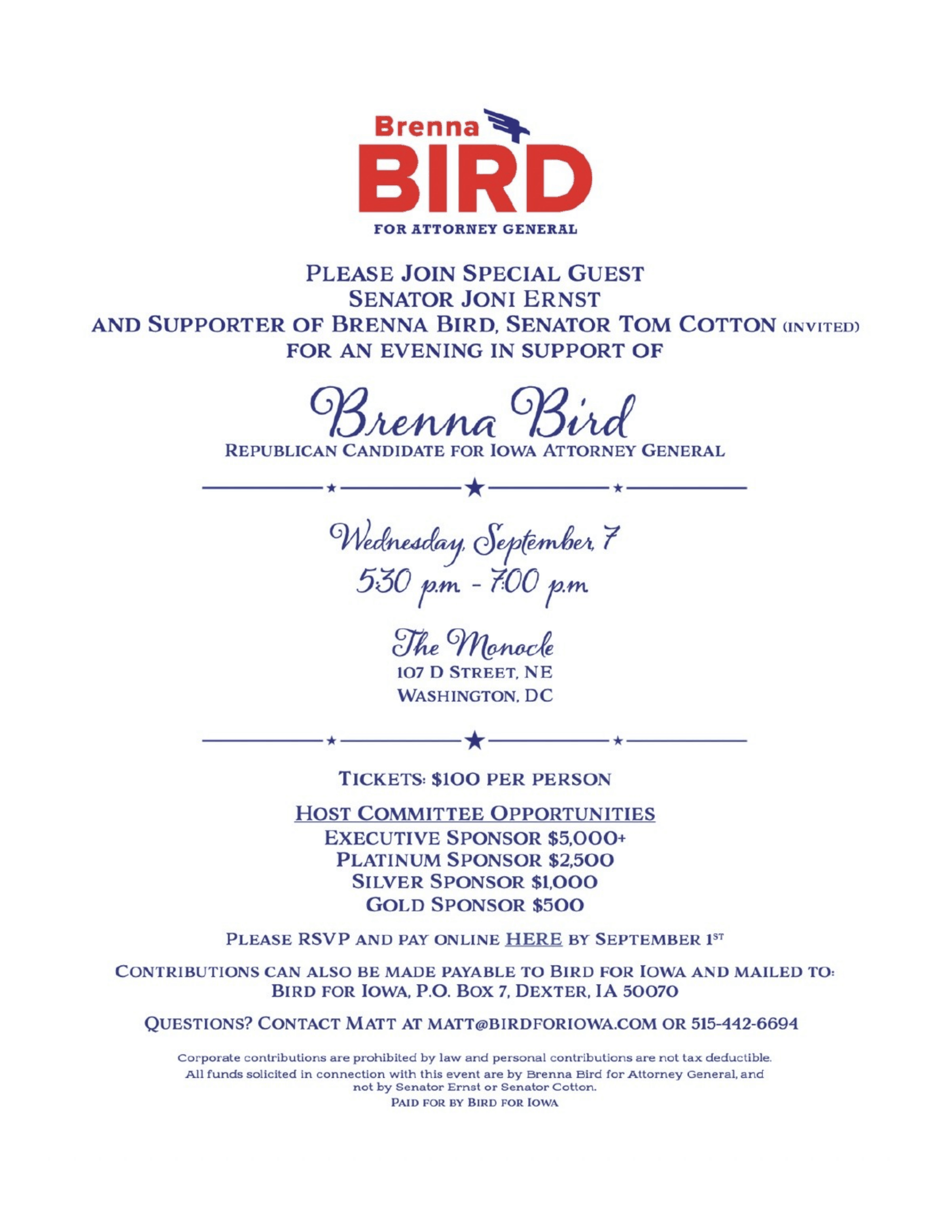 Page 1 of Fundraiser for Brenna Bird for Attorney General, 9.7.22