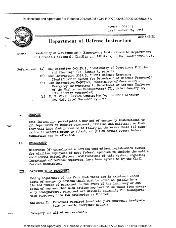 CONTINUITY OF GOVERNMENT EMERGENCY INSTRUCTIONS TO DEPT OF DEFENSE