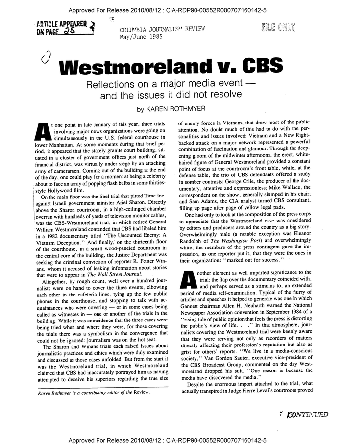 WESTMORELAND V. CBS DocumentCloud