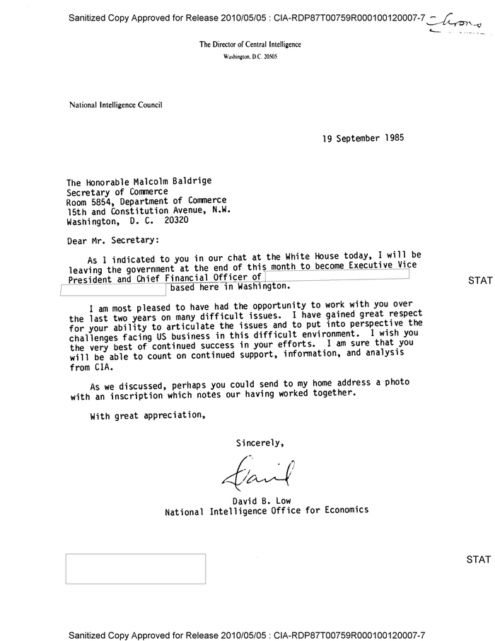 LETTER TO MALCOLM BALDRIGE FROM DAVID B. LOW - DocumentCloud