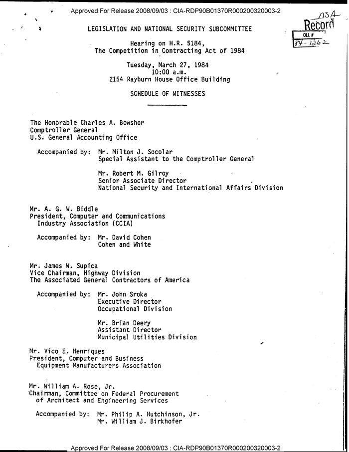 HEARING ON H.R. 5184 THE COMPETITION IN CONTRACTING ACT OF 1984 TUESDAY ...