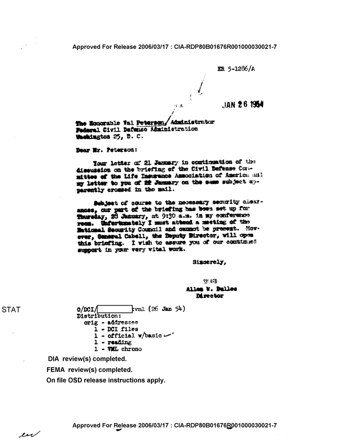 LETTER TO THE HONORABLE VAL PETERSON FROM ALLEN W. DULLES - DocumentCloud