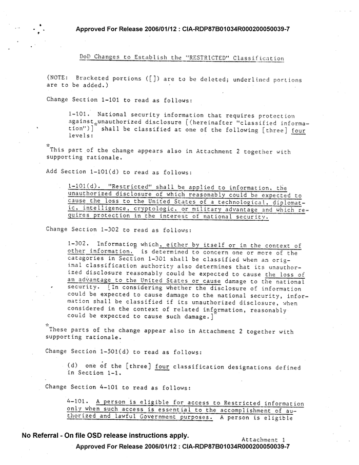 DOD CHANGES TO ESTABLISH THE 'RESTRICTED' CLASSIFICATION - DocumentCloud
