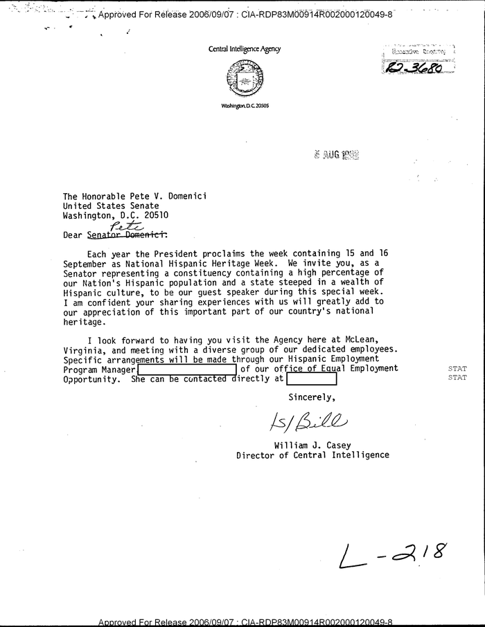 LETTER TO THE HONORABLE PETE V. DOMENICI FROM WILLIAM J. CASEY ...