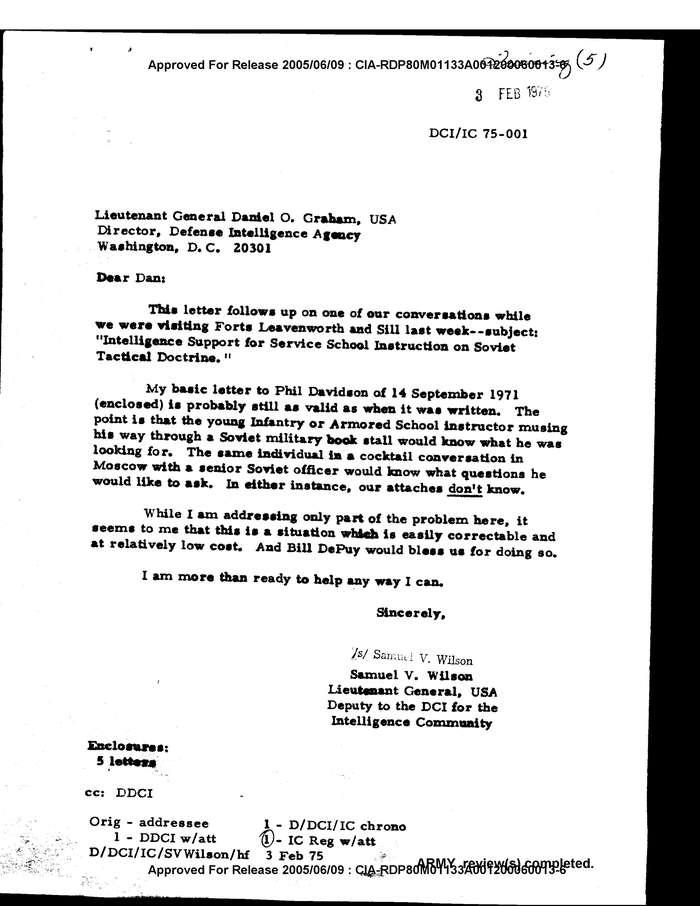 Letter To Lieutenant General Daniel O Graham From Samuel V Wilson Documentcloud