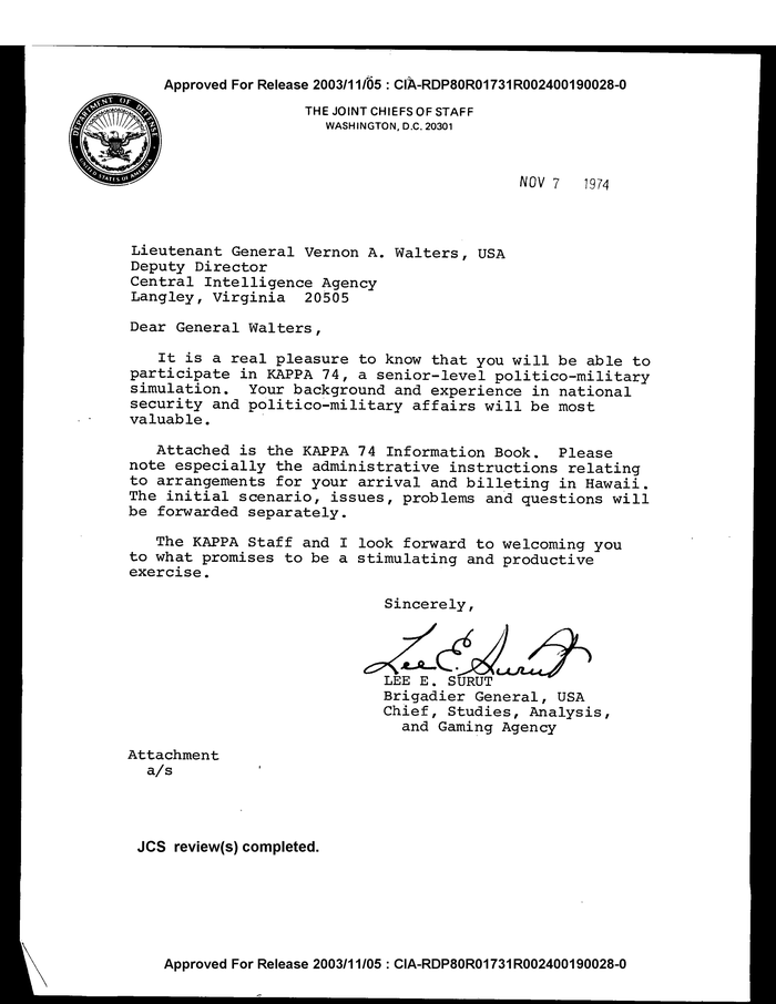 LETTER TO LIEUTENANT GENERAL VERNON A. WALTERS FROM LEE E. SURUT ...