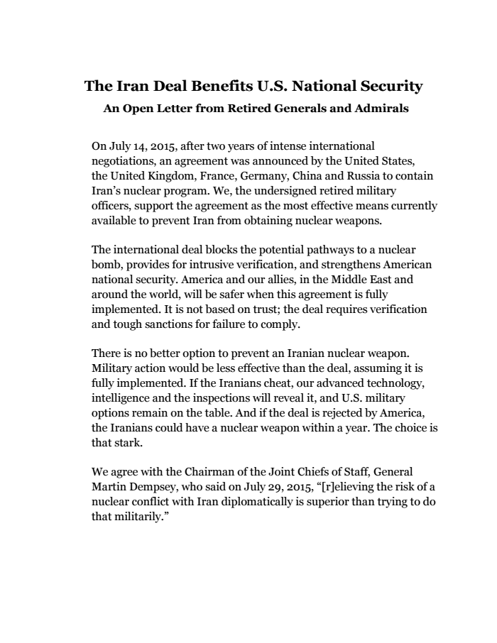 Page 1 of Read the Letter Dozens of Retired Army Generals Just Sent Congress In Support of Obama's Iran Deal