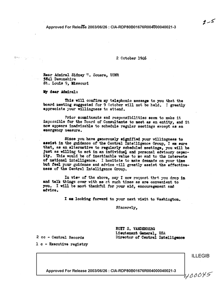 Letter To Rear Admiral Sidney W. Souers, Usnr, From Hoyt S. Vandenberg 