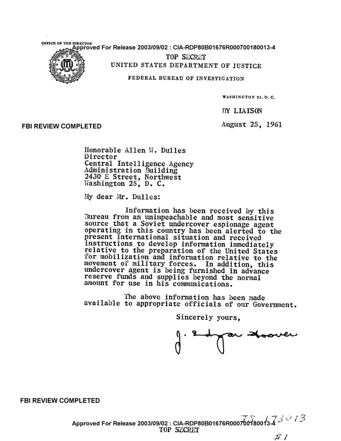 LETTER TO HONORABLE ALLEN W. DULLES FROM J. EDGAR HOOVER - DocumentCloud