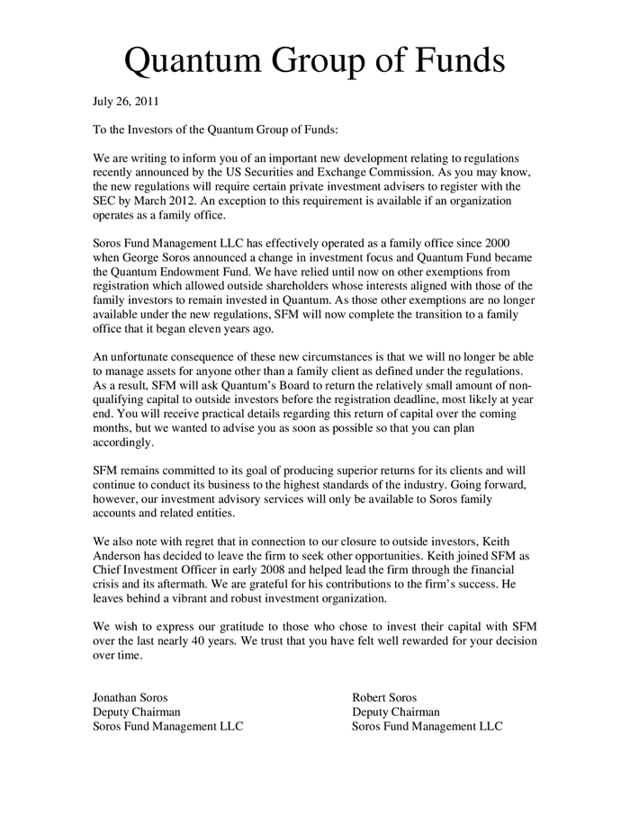 Page 1 of Letter From Soros to Shareholders