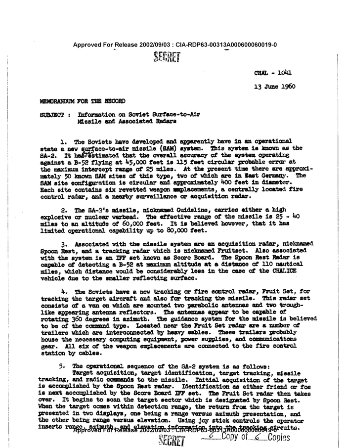 INFORMATION ON SOVIET SURFACE-TO-AIR MISSILE AND ASSOCIATED RADARS ...