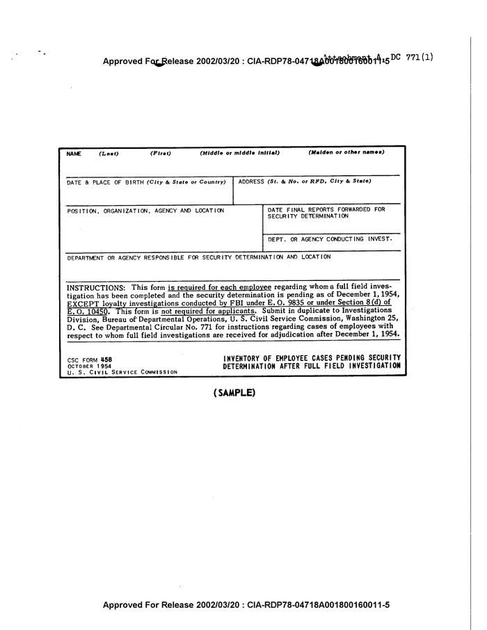 CSC FORM 458 INVENTORY OF EMPLOYEE CASES PENDING SECURITY DETERMINATION ...