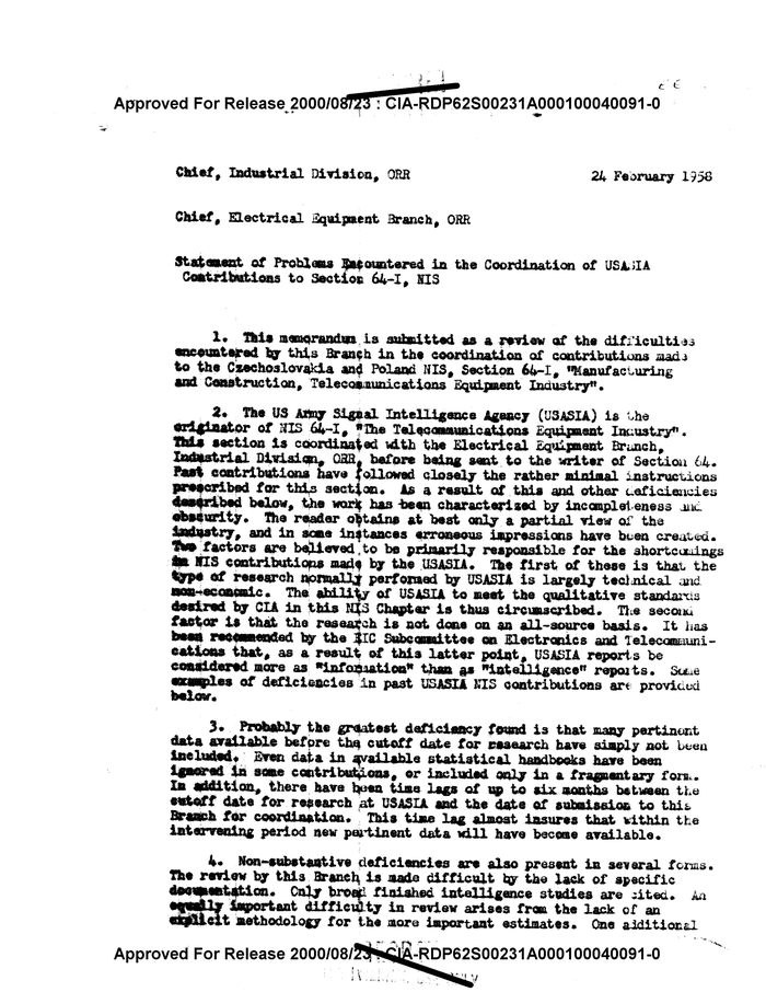 STATEMENT OF PROBLEMS ENCOUNTERED IN THE COORDINATION OF USANIA ...