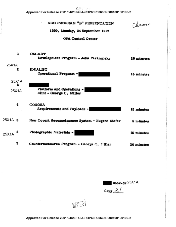 NRO PROGRAM 'B' PRESENTATION 1000, MONDAY, 24 SEPTEMBER 1962 OSA ...