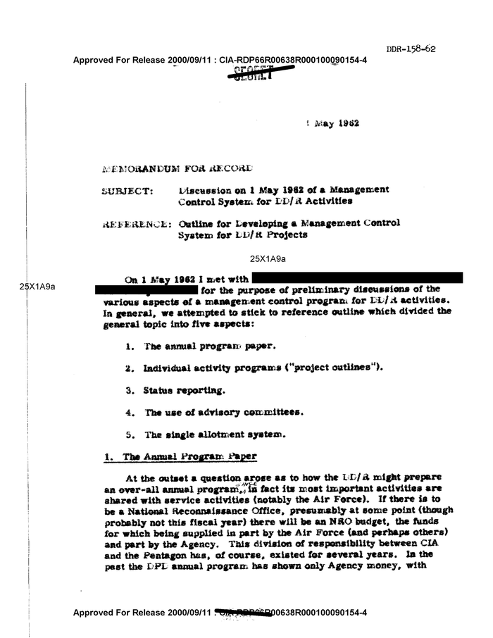 Discussion On 1 May 1962 Of A Management Control System For Dd R