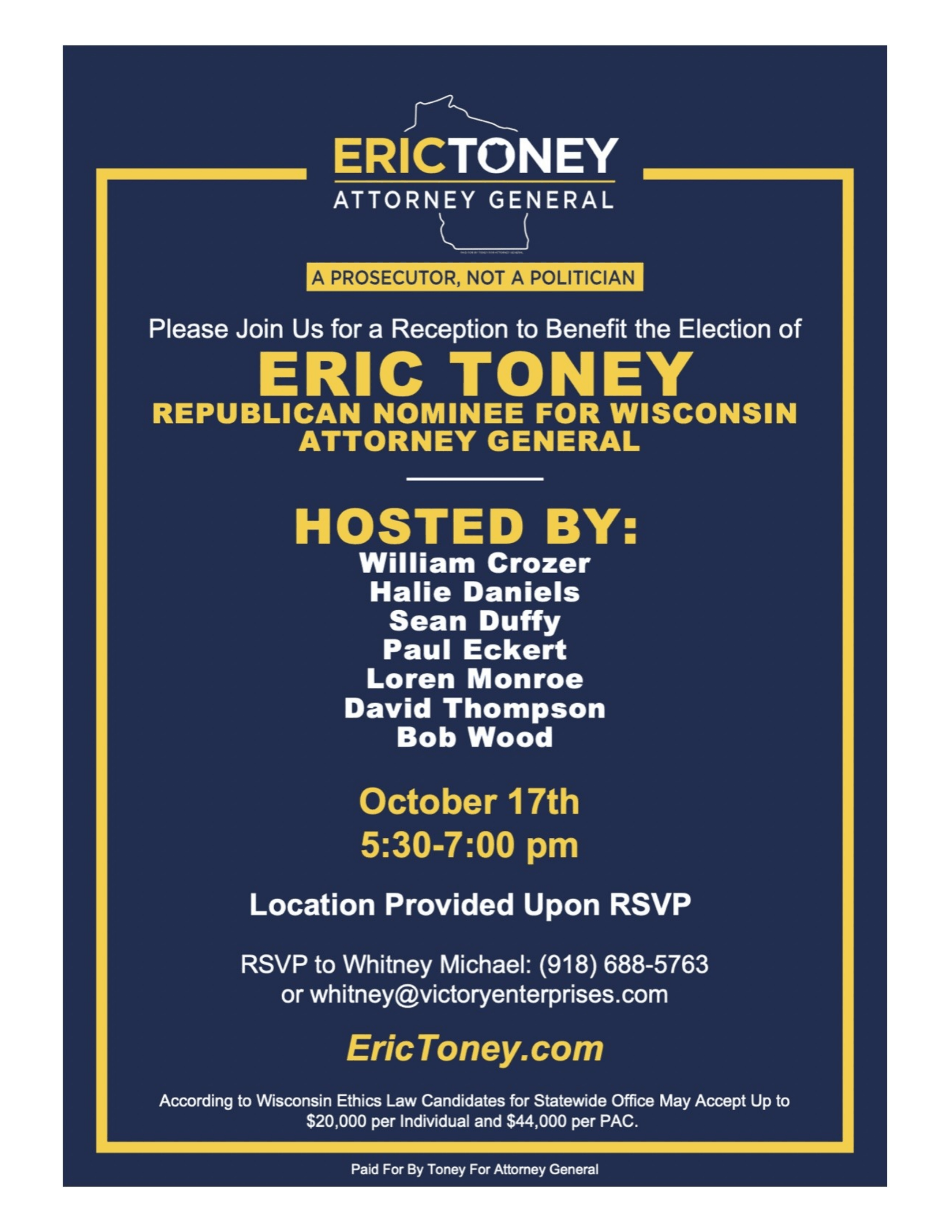 Page 1 of Fundraiser Invitation for Wisconsin Candidate for Attorney General Eric Toney, October 17, 2022