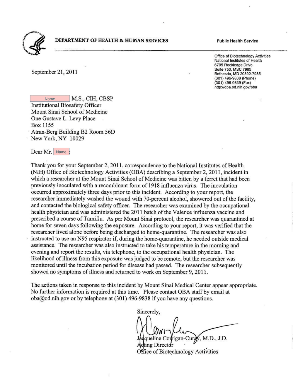 Page 1 from Mount Sinai Lab Accident Report to NIH